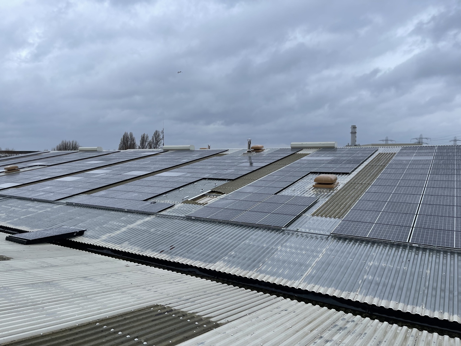 Large commercial solar array installed across an industrial roof